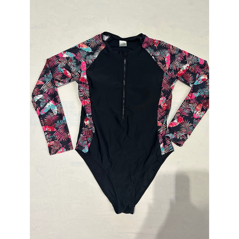 SAPOM Women Long Sleeve Rash Guard One Piece Swimsuit Tropical Print XL Black